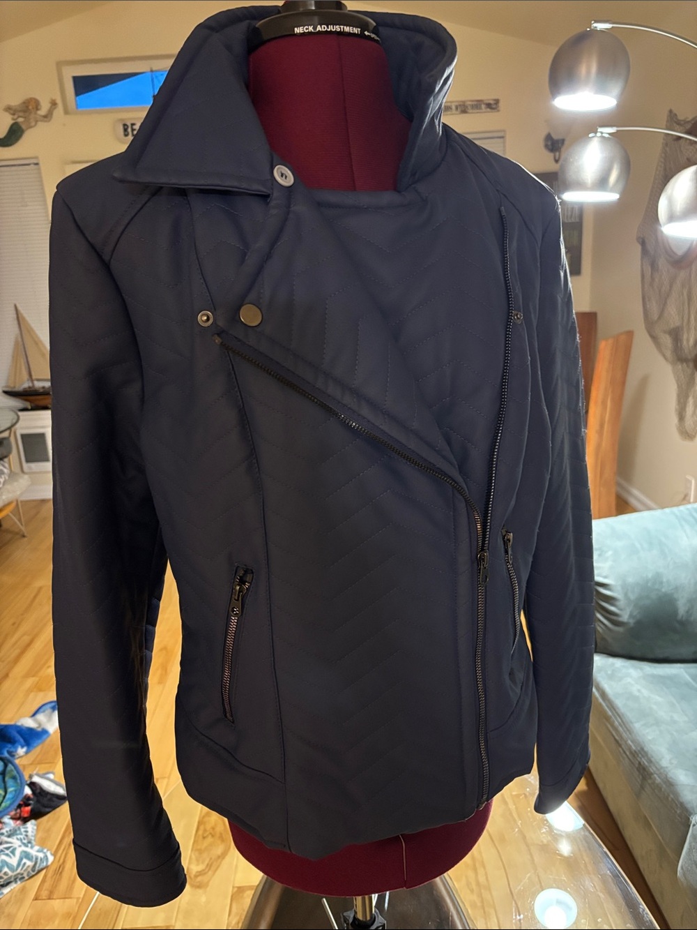 Pink Platinum Quilted Bomber Jacket - Navy Blue